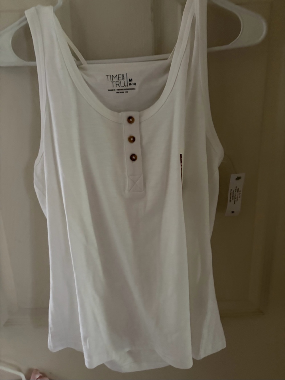 Time and Tru White Sleeveless Henley Tank with Button Placket